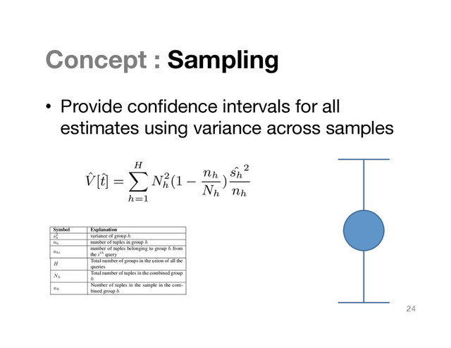 Concept : Sampling
•  Provide conﬁdence intervals for all
estimates using variance across samples
ugging in the values from above into Equation 1, we would get
e variance for the combined group [rack:1,hour:6,datacenter:EU]
s2
1
= 8.32 and for [rack:2,hour:6,datacenter:EU] as s2
2
= 11.52
The standard deviation can be used as an error estimate for the
tire query. Once we know the variance of each of the combined
oups, we can get an error estimate for the combination of all of
ese groups i.e. the combined result set. We consider three mea-
res SUM, AVG and COUNT. The variance of the estimator for the
easure SUM can be given as:
ˆ
V [ˆ
t] =
H
X
h=1
N2
h
(1
nh
Nh
)
ˆ
sh
2
nh
(2)
milarly, variance of the estimator for the measure AVG:
ˆ
V [ˆ
y] =
H
X
h=1
N2
h
N2
(1
nh
Nh
)
ˆ
sh
2
nh
(3)
Thus, a facet fx(dxg,
!
dxb : vxb) can be pivoted to the facet
fy(dyg,
!
dyb : vyb) if dyg 2
!
dxb ^ dxg 2
!
dyb and !
vxb and !
vyb have
all but one bound dimension (and value) in common. The facet
(zone)[week:w1
, iops:i1] pivots on iops i1
from the facet exam-
ple, and is therefore its pivot facet.
Explorability of the cube: It is critical that the user be able to
fully explore the data cube, i.e. all cube groups can be explored us-
ing facets, and it is possible to reach any facet from any other facet.
First, for a group g =
!
d : v, there can be |
!
d | facets, f(dg,
!
db : vb) :
dg 2
!
d ^
!
db =
!
d dg. Second, any two facets in a region can
be reached from another by a series of sibling and pivot traversals:
sibling traversals to change bound values, and pivot traversals to
switch between bound and grouped dimensions. Parent and child
traversals allow us to reach the corresponding parent and child re-
gions in the cube lattice. Thus, the four traversals enable full ex-
ploration of the cube lattice.
2.2 Distributed Execution
Table Shards: We use sharded tables to achieve distributed and
sampled execution of queries. A sharded table is the atomic unit
of data in our system, and contains a subset of the rows of a SQL
table and the concatenation of all shards across nodes is equiva-
lent to the entire dataset. Each single node may contain multiple
shards. Updates are atomic to each shard, and each session makes
the assumption that the list of shards and the shards themselves do
not change. We elaborate more the execution of queries over table
shards in Section 3.3
2.3 Querying over Sampled Data
Symbol Explanation
s2
h
variance of group h
nh number of tuples in group h
nhi
number of tuples belonging to group h from
the ith query
mhi mean of the group h from the ith query
mh mean of the group h from all queries
vhi variance of the group h from the ith query
ˆ
V [ˆ
t]
variance of the estimator for the measure
SUM
ˆ
V [ˆ
y]
variance of the estimator for the measure
AVG
ˆ
V [ˆ
p]
variance of the estimator for the measure
COUNT
H
Total number of groups in the union of all the
queries
Nh
Total number of tuples in the combined group
h
nh
Number of tuples in the sample in the com-
sampling and post-stratiﬁcation and present a methodology for do-
ing so.
In order to deliver results at higher sampling rates, DICE runs
the same query on multiple shards on multiple nodes. This results
in the same cube group of the facet query being possibly obtained
from the multiple table shards. Hence, the statistics for the same
group from these multiple queries need to be combined together.
While combining the AVG, SUM and COUNT are straight forward,
the variances can be combined as shown in Appendix A as:
s2
h
=
1
nh 1
(
numQ
X
i=1
nhi(mhi mh)2) +
X
i
(nhi 1)vhi) (1)
where numQ is the number of queries that a facet query needs to
be replicated to, to achieve the user speciﬁed sampling rate.
Continuing our motivating example, the faceted representation
of the query is (rack)[hour:6,datacenter:EU] with the measure and
measure dimension being AVG(iops) . We append the COUNT and
VARIANCE measures to the queries since we need them as de-
scribed in Equation 1. Let this query be run on a single shard on a
couple of nodes and resulting into a sampling rate of 10%, return-
ing us groups and the corresponding measures from the two queries
respectively as:
{[rack:1,hour:6,datacenter:EU,AVG:10,COUNT:5,VAR:4],
[rack:2,hour:6,datacenter:EU,AVG:12,COUNT:6,VAR:2]} &
{[rack:1,hour:6,datacenter:EU,AVG:5,COUNT:8,VAR:1],
[rack:2,hour:6,datacenter:EU,AVG:6,COUNT:7,VAR:2]}.
Plugging in the values from above into Equation 1, we would get
the variance for the combined group [rack:1,hour:6,datacenter:EU]
as s2
1
= 8.32 and for [rack:2,hour:6,datacenter:EU] as s2
2
= 11.52
The standard deviation can be used as an error estimate for the
entire query. Once we know the variance of each of the combined
groups, we can get an error estimate for the combination of all of
these groups i.e. the combined result set. We consider three mea-
sures SUM, AVG and COUNT. The variance of the estimator for the
measure SUM can be given as:
ˆ
V [ˆ
t] =
H
X
h=1
N2
h
(1
nh
Nh
)
ˆ
sh
2
nh
(2)
Similarly, variance of the estimator for the measure AVG:
ˆ
V [ˆ
y] =
H
X
h=1
N2
h
N2
(1
nh
Nh
)
ˆ
sh
2
nh
(3)
all but one bound dimension (and value) in common. The facet
(zone)[week:w1
, iops:i1] pivots on iops i1
from the facet exam-
ple, and is therefore its pivot facet.
Explorability of the cube: It is critical that the user be able to
fully explore the data cube, i.e. all cube groups can be explored us-
ing facets, and it is possible to reach any facet from any other facet.
First, for a group g =
!
d : v, there can be |
!
d | facets, f(dg,
!
db : vb) :
dg 2
!
d ^
!
db =
!
d dg. Second, any two facets in a region can
be reached from another by a series of sibling and pivot traversals:
sibling traversals to change bound values, and pivot traversals to
switch between bound and grouped dimensions. Parent and child
traversals allow us to reach the corresponding parent and child re-
gions in the cube lattice. Thus, the four traversals enable full ex-
ploration of the cube lattice.
2.2 Distributed Execution
Table Shards: We use sharded tables to achieve distributed and
sampled execution of queries. A sharded table is the atomic unit
of data in our system, and contains a subset of the rows of a SQL
table and the concatenation of all shards across nodes is equiva-
lent to the entire dataset. Each single node may contain multiple
shards. Updates are atomic to each shard, and each session makes
the assumption that the list of shards and the shards themselves do
not change. We elaborate more the execution of queries over table
shards in Section 3.3
2.3 Querying over Sampled Data
Symbol Explanation
s2
h
variance of group h
nh number of tuples in group h
nhi
number of tuples belonging to group h from
the ith query
mhi mean of the group h from the ith query
mh mean of the group h from all queries
vhi variance of the group h from the ith query
ˆ
V [ˆ
t]
variance of the estimator for the measure
SUM
ˆ
V [ˆ
y]
variance of the estimator for the measure
AVG
ˆ
V [ˆ
p]
variance of the estimator for the measure
COUNT
H
Total number of groups in the union of all the
queries
Nh
Total number of tuples in the combined group
h
nh
Number of tuples in the sample in the com-
bined group h
N Total number of tuples in the dataset
p
Proportion of tuples selected by the where
clause
Table 2: List of notations used in this subsection.
As mentioned before, the interactive nature of our use case ne-
cessitates the approximation of results by executing queries over a
In order to deliver results at higher sampling rates, DICE runs
the same query on multiple shards on multiple nodes. This results
in the same cube group of the facet query being possibly obtained
from the multiple table shards. Hence, the statistics for the same
group from these multiple queries need to be combined together.
While combining the AVG, SUM and COUNT are straight forward,
the variances can be combined as shown in Appendix A as:
s2
h
=
1
nh 1
(
numQ
X
i=1
nhi(mhi mh)2) +
X
i
(nhi 1)vhi) (1)
where numQ is the number of queries that a facet query needs to
be replicated to, to achieve the user speciﬁed sampling rate.
Continuing our motivating example, the faceted representation
of the query is (rack)[hour:6,datacenter:EU] with the measure and
measure dimension being AVG(iops) . We append the COUNT and
VARIANCE measures to the queries since we need them as de-
scribed in Equation 1. Let this query be run on a single shard on a
couple of nodes and resulting into a sampling rate of 10%, return-
ing us groups and the corresponding measures from the two queries
respectively as:
{[rack:1,hour:6,datacenter:EU,AVG:10,COUNT:5,VAR:4],
[rack:2,hour:6,datacenter:EU,AVG:12,COUNT:6,VAR:2]} &
{[rack:1,hour:6,datacenter:EU,AVG:5,COUNT:8,VAR:1],
[rack:2,hour:6,datacenter:EU,AVG:6,COUNT:7,VAR:2]}.
Plugging in the values from above into Equation 1, we would get
the variance for the combined group [rack:1,hour:6,datacenter:EU]
as s2
1
= 8.32 and for [rack:2,hour:6,datacenter:EU] as s2
2
= 11.52
The standard deviation can be used as an error estimate for the
entire query. Once we know the variance of each of the combined
groups, we can get an error estimate for the combination of all of
these groups i.e. the combined result set. We consider three mea-
sures SUM, AVG and COUNT. The variance of the estimator for the
measure SUM can be given as:
ˆ
V [ˆ
t] =
H
X
h=1
N2
h
(1
nh
Nh
)
ˆ
sh
2
nh
(2)
Similarly, variance of the estimator for the measure AVG:
ˆ
V [ˆ
y] =
H
X
h=1
N2
h
N2
(1
nh
Nh
)
ˆ
sh
2
nh
(3)
Continuing with our example, we estimate Nh
N
by nh
n
and nh
Nh
by the sampling rate since we cannot know Nh without sampling
the entire data.
Again plugging in the values we get, ˆ
y = 6.92 ⇤ 13/26 +
8.77 ⇤ 13/26 = 7.85 and ˆ
V [ˆ
t] = (13
26
)2 ⇤ (1 0.1) ⇤ (8.32/13 +
11.52/13) = 0.35
For the measure COUNT, we can use the proportion estimator
since the where clause acts as the indicator function and thus the
variance of the estimator for COUNT can be given as:
24
