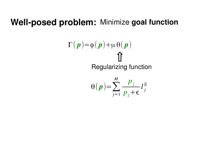 Well­posed problem: Minimize goal function
Γ( p)=ϕ( p)+μθ( p)
Regularizing function
θ( p)=∑
j=1
M p
j
p
j
+ϵ
l
j
β
