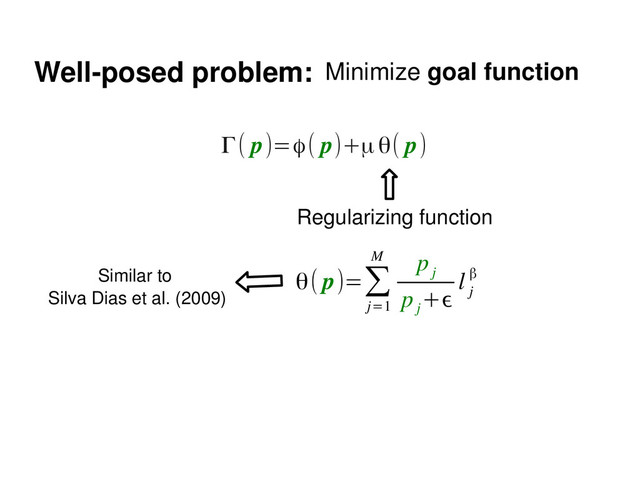 Well­posed problem: Minimize goal function
Γ( p)=ϕ( p)+μθ( p)
Regularizing function
θ( p)=∑
j=1
M p
j
p
j
+ϵ
l
j
β
Similar to
Silva Dias et al. (2009)
