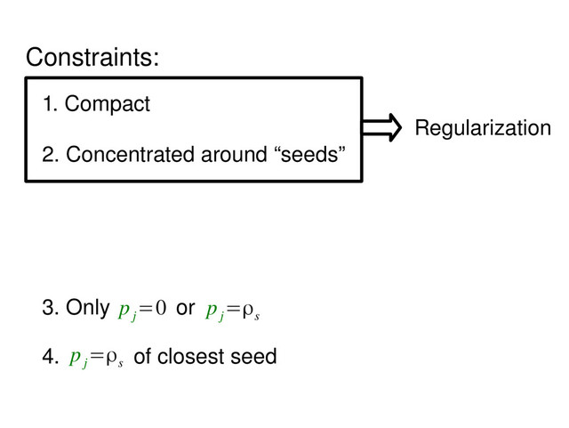 Constraints:
1. Compact
2. Concentrated around “seeds”
Regularization
3. Only or
p
j
=0 p
j
=ρs
4. of closest seed
p
j
=ρs
