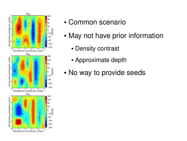 ●
Common scenario
●
May not have prior information
●
Density contrast
●
Approximate depth
●
No way to provide seeds
