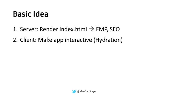@ManfredSteyer
1. Server: Render index.html → FMP, SEO
2. Client: Make app interactive (Hydration)
