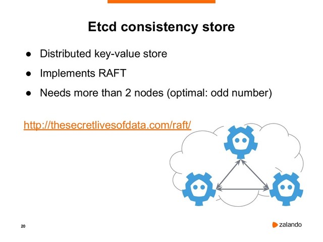 20
Etcd consistency store
● Distributed key-value store
● Implements RAFT
● Needs more than 2 nodes (optimal: odd number)
http://thesecretlivesofdata.com/raft/
