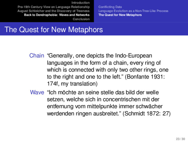 Introduction
Pre-19th Century View on Language Relationship
August Schleicher and the Discovery of Treeness
Back to Dendrophobia: Waves and Networks
Conclusion
Conflicting Data
Language Evolution as a Non-Tree-Like Process
The Quest for New Metaphors
The Quest for New Metaphors
Chain “Generally, one depicts the Indo-European
languages in the form of a chain, every ring of
which is connected with only two other rings, one
to the right and one to the left.” (Bonfante 1931:
174f, my translation)
Wave “Ich möchte an seine stelle das bild der welle
setzen, welche sich in concentrischen mit der
entfernung vom mittelpunkte immer schwächer
werdenden ringen ausbreitet.” (Schmidt 1872: 27)
23 / 30
