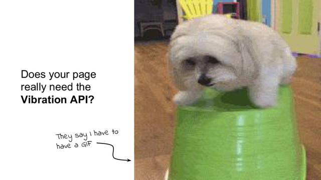 Does your page
really need the
Vibration API?
They say I have to
have a GIF
