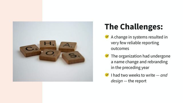 The Challenges:
A change in systems resulted in
very few reliable reporting
outcomes
The organization had undergone
a name change and rebranding
in the preceding year
I had two weeks to write — and
design — the report
