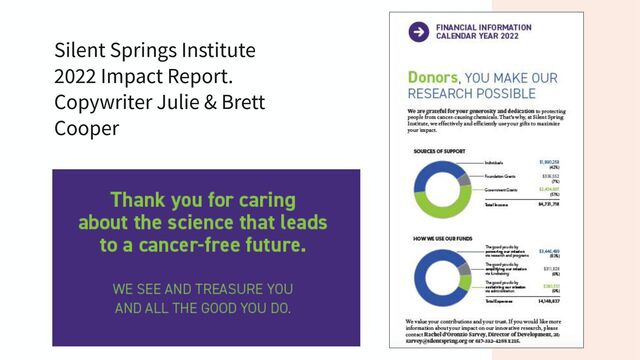 Silent Springs Institute
2022 Impact Report.
Copywriter Julie & Brett
Cooper
