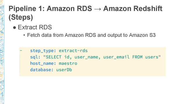 Pipeline 1: Amazon RDS → Amazon Redshift
(Steps)
● Extract RDS
• Fetch data from Amazon RDS and output to Amazon S3
