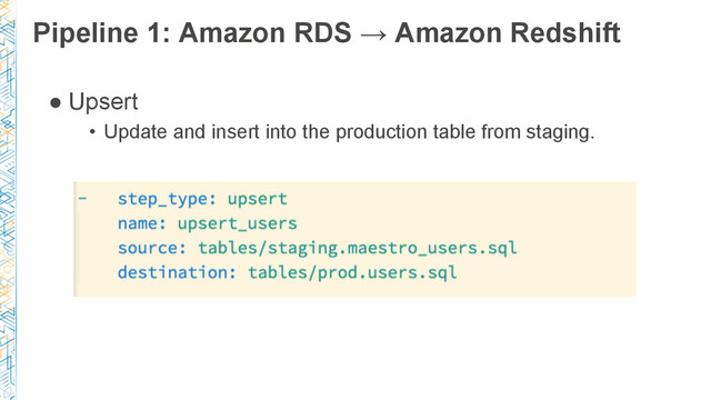 Pipeline 1: Amazon RDS → Amazon Redshift
● Upsert
• Update and insert into the production table from staging.
