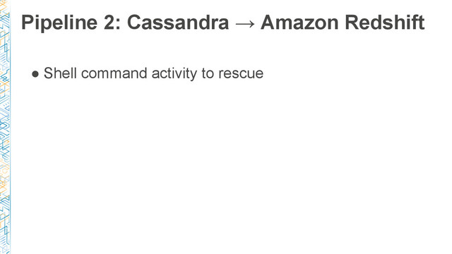 ● Shell command activity to rescue
Pipeline 2: Cassandra → Amazon Redshift
