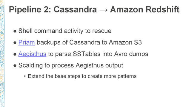 ● Shell command activity to rescue
● Priam backups of Cassandra to Amazon S3
● Aegisthus to parse SSTables into Avro dumps
● Scalding to process Aegisthus output
• Extend the base steps to create more patterns
Pipeline 2: Cassandra → Amazon Redshift
