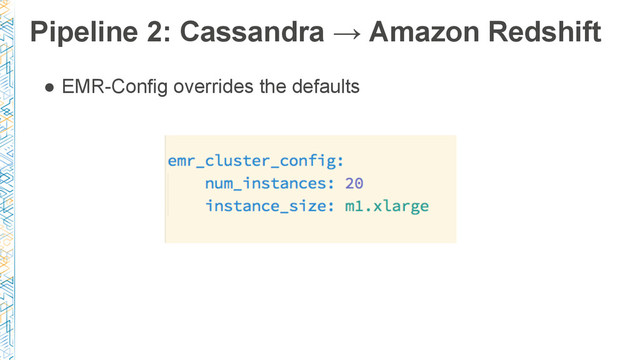 ● EMR-Config overrides the defaults
Pipeline 2: Cassandra → Amazon Redshift
