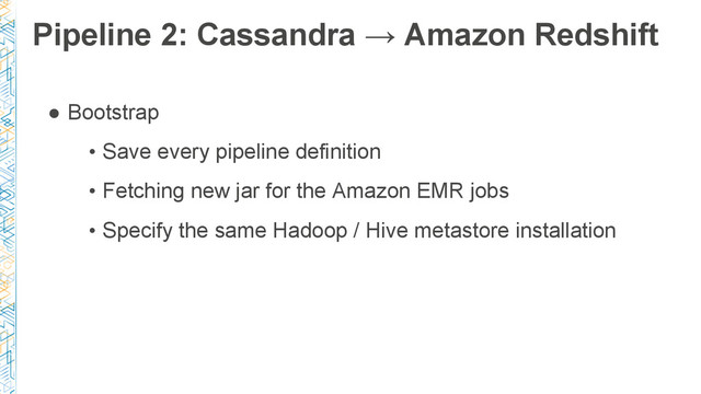 ● Bootstrap
• Save every pipeline definition
• Fetching new jar for the Amazon EMR jobs
• Specify the same Hadoop / Hive metastore installation
Pipeline 2: Cassandra → Amazon Redshift
