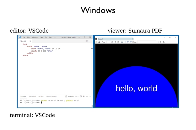 Windows
editor: VSCode
terminal: VSCode
viewer: Sumatra PDF
