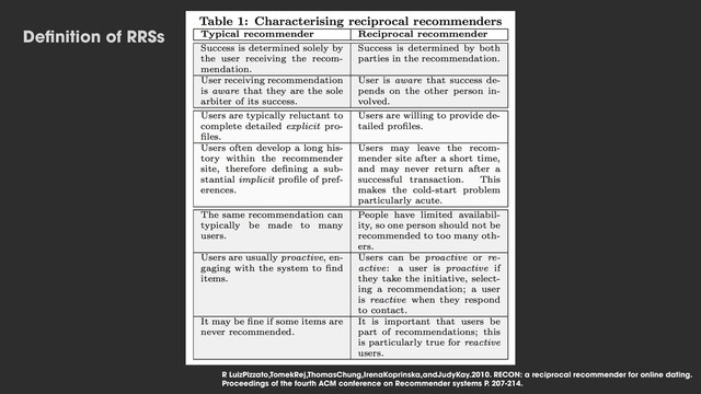 R LuizPizzato,TomekRej,ThomasChung,IrenaKoprinska,andJudyKay.2010. RECON: a reciprocal recommender for online dating.
Proceedings of the fourth ACM conference on Recommender systems P. 207-214.
Deﬁnition of RRSs
