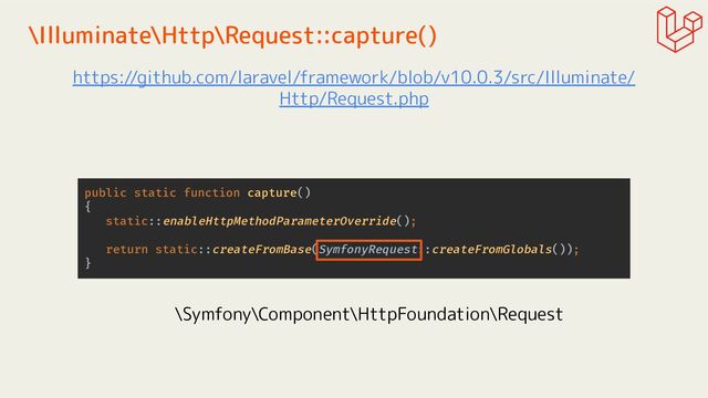 \Illuminate\Http\Request::capture()
https://github.com/laravel/framework/blob/v10.0.3/src/Illuminate/
Http/Request.php
public static function capture()
{
static::enableHttpMethodParameterOverride();
return static::createFromBase(SymfonyRequest::createFromGlobals());
}
\Symfony\Component\HttpFoundation\Request
