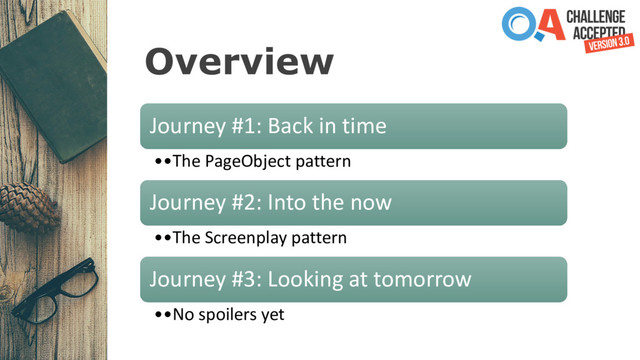 Overview
Journey #1: Back in time
••The PageObject pattern
Journey #2: Into the now
••The Screenplay pattern
Journey #3: Looking at tomorrow
••No spoilers yet
