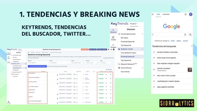 1. TENDENCIAS Y BREAKING NEWS
KEYTRENDS, TENDENCIAS
DEL BUSCADOR, TWITTER…
