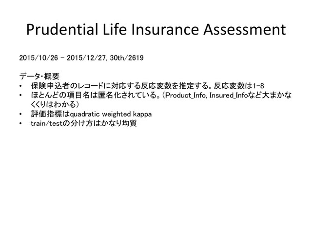 Prudential Life Insurance Assessment
2015/10/26 – 2015/12/27, 30th/2619
データ・概要
• 保険申込者のレコードに対応する反応変数を推定する。反応変数は1-8
• ほとんどの項目名は匿名化されている。（Product_Info, Insured_Infoなど大まかな
くくりはわかる）
• 評価指標はquadratic weighted kappa
• train/testの分け方はかなり均質
