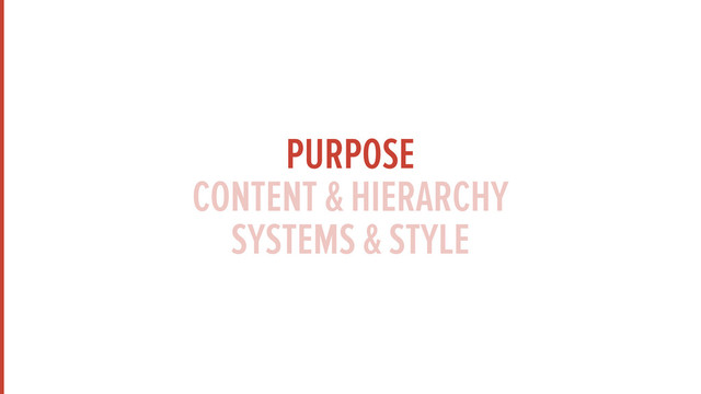 PURPOSE
CONTENT & HIERARCHY
SYSTEMS & STYLE

