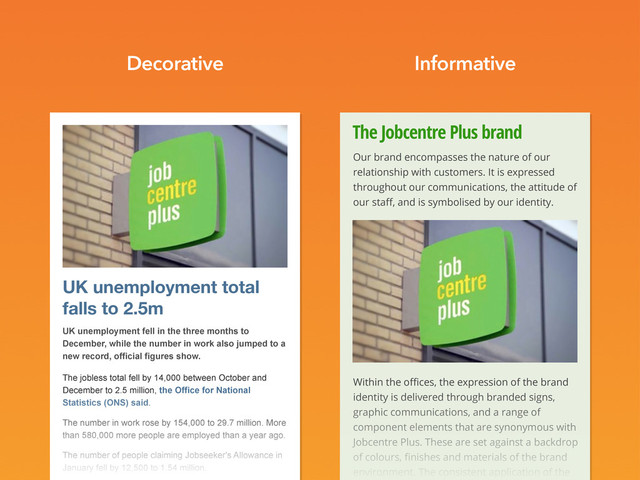 The Jobcentre Plus brand
Our brand encompasses the nature of our
relationship with customers. It is expressed
throughout our communications, the attitude of
our staﬀ, and is symbolised by our identity.
Within the oﬃces, the expression of the brand
identity is delivered through branded signs,
graphic communications, and a range of
component elements that are synonymous with
Jobcentre Plus. These are set against a backdrop
of colours, ﬁnishes and materials of the brand
environment. The consistent application of the
Informative
Decorative
UK unemployment total
falls to 2.5m
UK unemployment fell in the three months to
December, while the number in work also jumped to a
new record, official figures show.
The jobless total fell by 14,000 between October and
December to 2.5 million, the Office for National
Statistics (ONS) said.
The number in work rose by 154,000 to 29.7 million. More
than 580,000 more people are employed than a year ago.
The number of people claiming Jobseeker's Allowance in
January fell by 12,500 to 1.54 million.
