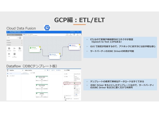GCP編:ETL/ELT
Cloud Data Fusion
Dataflow（JDBCテンプレート版）
➢ ETLなので変換や接続部分のコネクタが豊富
（Speech to Text とかもある）
➢ GUI で設定が完結するので、アドホックに試す分にはお手軽な感じ
➢ サードパーティのJDBC Driverの利用が可能
➢ テンプレートの使用で単純なデータロードはすぐできる
➢ JDBC Driver をもとにしたテンプレートなので、サードパーティ
のJDBC Driver をGCSに置くだけで利用可
