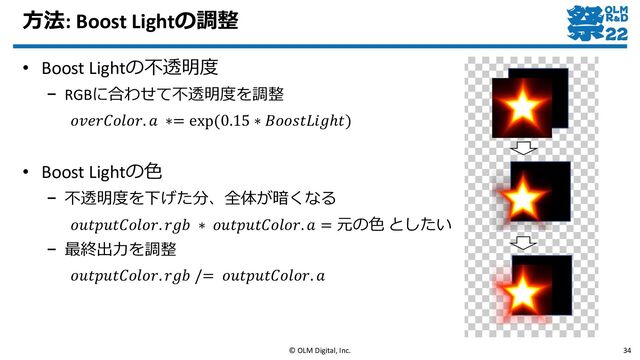 方法: Boost Lightの調整
• Boost Lightの不透明度
– RGBに合わせて不透明度を調整
𝑜𝑣𝑒𝑟𝐶𝑜𝑙𝑜𝑟. 𝑎 ∗= exp(0.15 ∗ 𝐵𝑜𝑜𝑠𝑡𝐿𝑖𝑔ℎ𝑡)
• Boost Lightの色
– 不透明度を下げた分、全体が暗くなる
𝑜𝑢𝑡𝑝𝑢𝑡𝐶𝑜𝑙𝑜𝑟. 𝑟𝑔𝑏 ∗ 𝑜𝑢𝑡𝑝𝑢𝑡𝐶𝑜𝑙𝑜𝑟. 𝑎 = 元の色 としたい
– 最終出力を調整
𝑜𝑢𝑡𝑝𝑢𝑡𝐶𝑜𝑙𝑜𝑟. 𝑟𝑔𝑏 /= 𝑜𝑢𝑡𝑝𝑢𝑡𝐶𝑜𝑙𝑜𝑟. 𝑎
© OLM Digital, Inc. 34
