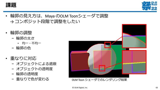 課題
• 輪郭の見え方は、Maya のOLM Toonシェーダで調整
→ コンポジット段階で調整をしたい
• 輪郭の調整
– 輪郭の太さ
• 均一・不均一
– 輪郭の色
• 重なりに対応
– オブジェクトによる遮蔽
– オブジェクトの透明度
– 輪郭の透明度
– 重なりで色が変わる
© OLM Digital, Inc. 63
OLM Toon シェーダでのレンダリング結果
