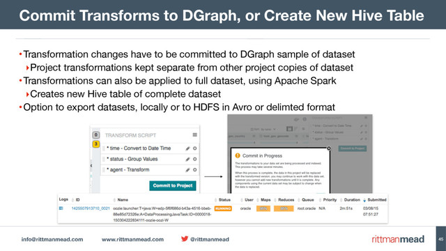 info@rittmanmead.com www.rittmanmead.com @rittmanmead
•Transformation changes have to be committed to DGraph sample of dataset

‣Project transformations kept separate from other project copies of dataset

•Transformations can also be applied to full dataset, using Apache Spark 

‣Creates new Hive table of complete dataset

•Option to export datasets, locally or to HDFS in Avro or delimted format
Commit Transforms to DGraph, or Create New Hive Table
45
