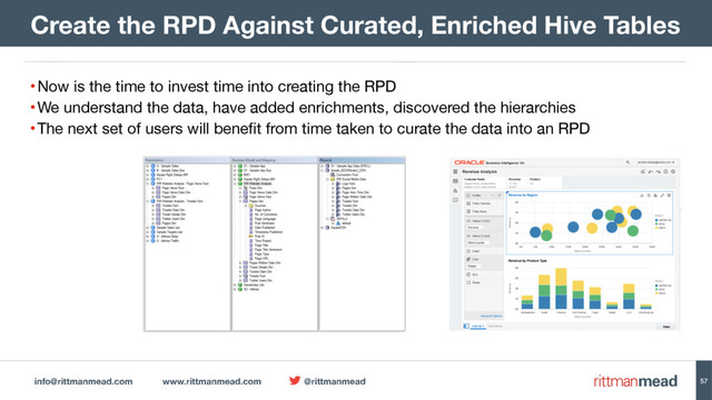 info@rittmanmead.com www.rittmanmead.com @rittmanmead
•Now is the time to invest time into creating the RPD

•We understand the data, have added enrichments, discovered the hierarchies

•The next set of users will benefit from time taken to curate the data into an RPD
Create the RPD Against Curated, Enriched Hive Tables
57
