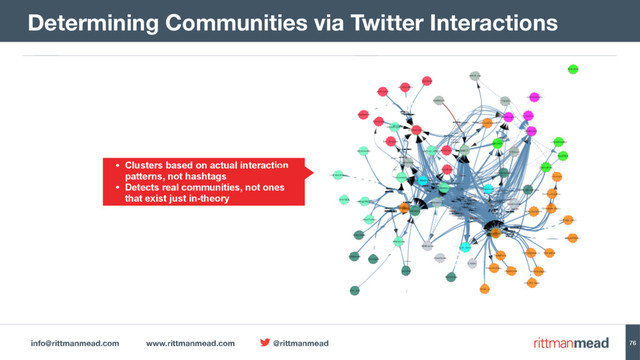info@rittmanmead.com www.rittmanmead.com @rittmanmead
Determining Communities via Twitter Interactions
• Clusters based on actual interaction
patterns, not hashtags
• Detects real communities, not ones
that exist just in-theory
76
