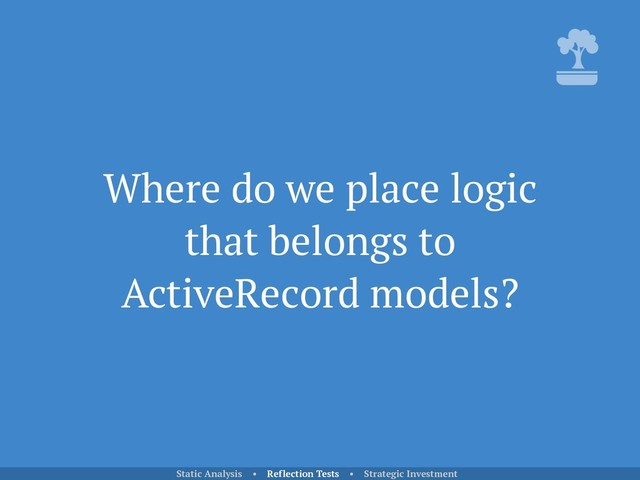 Where do we place logic
that belongs to
ActiveRecord models?
Static Analysis • Reflection Tests • Strategic Investment
