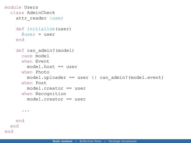 module Users
class AdminCheck
attr_reader :user
def initialize(user)
@user = user
end
def can_admin?(model)
case model
when Event
model.host == user
when Photo
model.uploader == user || can_admin?(model.event)
when Post
model.creator == user
when Recognition
model.creator == user
...
end
end
end
Static Analysis • Reflection Tests • Strategic Investment
