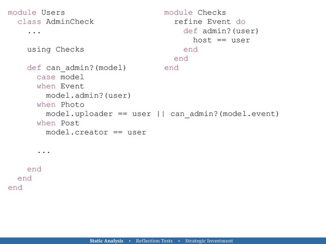 module Checks
refine Event do
def admin?(user)
host == user
end
end
end
module Users
class AdminCheck
...
using Checks
def can_admin?(model)
case model
when Event
model.admin?(user)
when Photo
model.uploader == user || can_admin?(model.event)
when Post
model.creator == user
...
end
end
end
Static Analysis • Reflection Tests • Strategic Investment
