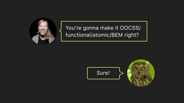 Sure!
You’re gonna make it OOCSS/
functional/atomic/BEM right?
