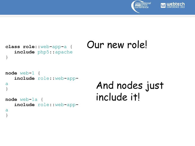 class role::web-app-a {
include php5::apache
}
node web-1 {
include role::web-app-
a
}
node web-1a {
include role::web-app-
a
}
Our new role!
And nodes just
include it!
