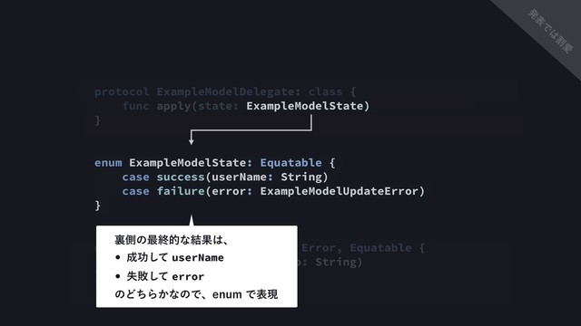 protocol ExampleModelDelegate: class {
func apply(state: ExampleModelState)
}
enum ExampleModelState: Equatable {
case success(userName: String)
case failure(error: ExampleModelUpdateError)
}
enum ExampleModelUpdateError: Error, Equatable {
case unspecified(debugInfo: String)
}
ཪଆͷ࠷ऴతͳ݁Ռ͸ɺ
w ੒ޭͯ͠userName
w ࣦഊͯ͠error
ͷͲͪΒ͔ͳͷͰɺFOVNͰදݱ
ൃ
ද
Ͱ
͸
ׂ
Ѫ
