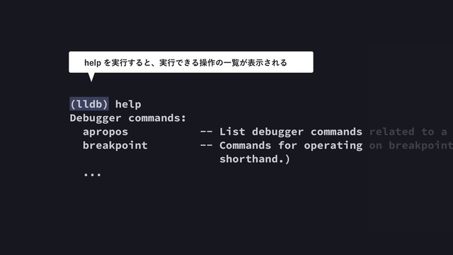 (lldb) help
Debugger commands:
apropos -- List debugger commands related to a
breakpoint -- Commands for operating on breakpoint
shorthand.)
...
IFMQΛ࣮ߦ͢Δͱɺ࣮ߦͰ͖Δૢ࡞ͷҰཡ͕දࣔ͞ΕΔ
