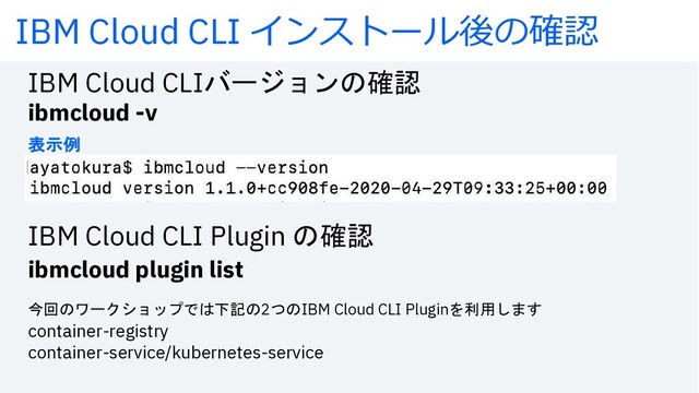 IBM Cloud CLI Z8°\5rªsØ∞
IBM Cloud CLI]^_`&=45
ibmcloud -v
IBM Cloud CLI Plugin =45
ibmcloud plugin list
abc
de=f^)g`+39:hA=2i=IBM Cloud CLI Plugin(jkS\,
container-registry
container-service/kubernetes-service
