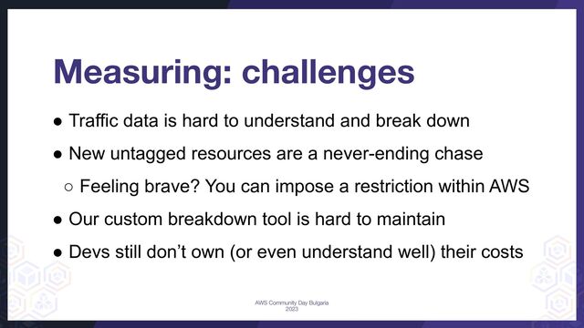 ● Traffic data is hard to understand and break down
● New untagged resources are a never-ending chase
○ Feeling brave? You can impose a restriction within AWS
● Our custom breakdown tool is hard to maintain
● Devs still don’t own (or even understand well) their costs
Measuring: challenges
AWS Community Day Bulgaria
2023
