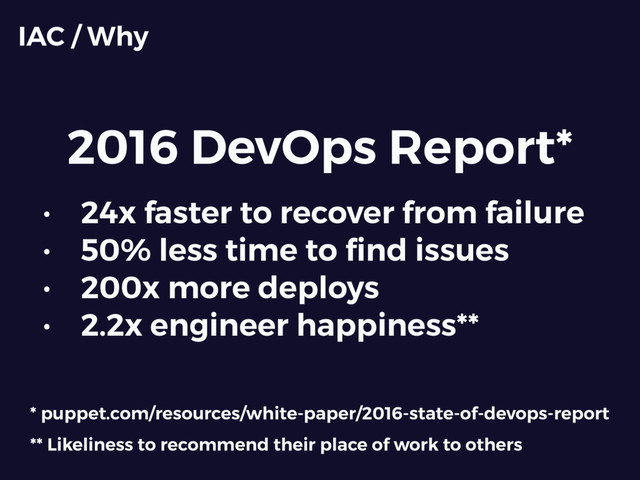 2016 DevOps Report*
IAC / Why
• 24x faster to recover from failure
• 50% less time to ﬁnd issues
• 200x more deploys
• 2.2x engineer happiness**
** Likeliness to recommend their place of work to others
* puppet.com/resources/white-paper/2016-state-of-devops-report
