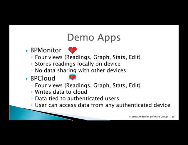 !  BPMonitor
◦  Four views (Readings, Graph, Stats, Edit)
◦  Stores readings locally on device
◦  No data sharing with other devices
!  BPCloud
◦  Four views (Readings, Graph, Stats, Edit)
◦  Writes data to cloud
◦  Data tied to authenticated users
◦  User can access data from any authenticated device
© 2018 Anderson Software Group 25
