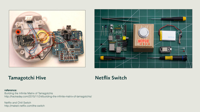 Tamagotchi Hive Netﬂix Switch
reference:!
Building the Inﬁnite Matrix of Tamagotchis
http://hackaday.com/2015/11/24/building-the-inﬁnite-matrix-of-tamagotchis/
!
Netﬂix and Chill Switch
http://makeit.netﬂix.com/the-switch
