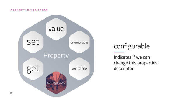 27
configurable
Indicates if we can
change this properties’
descriptor
P R O P E R T Y D E S C R I P T O R S
Property
value
enumerable
get
set
configurable
writable
