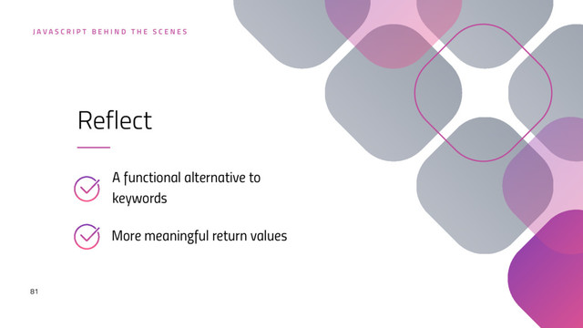 J A V A S C R I P T B E H I N D T H E S C E N E S
81
A functional alternative to
keywords
Reflect
More meaningful return values
