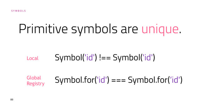 S Y M B O L S
Primitive symbols are unique.
88
Symbol('id') !== Symbol('id')
Symbol.for('id') === Symbol.for(‘id')
Global
Registry
Local
