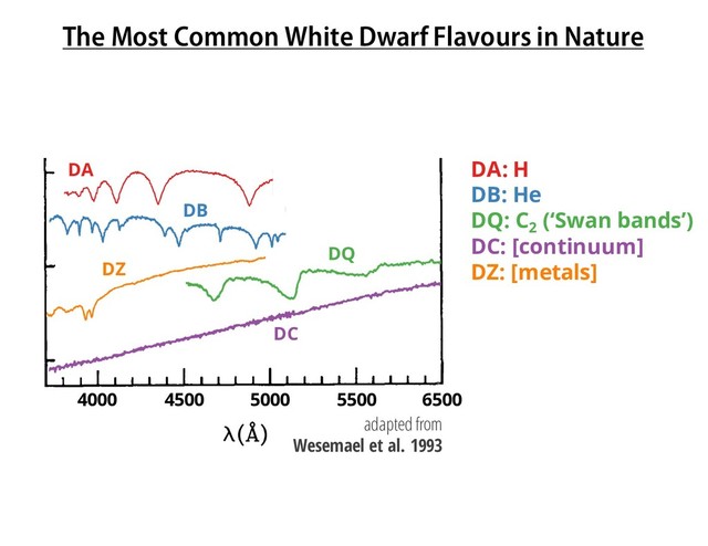 4000 4500 5000 5500 6500
DA DA: H
DB: He
DQ: C2
(‘Swan bands’)
DC: [continuum]
DZ: [metals]
DB
DZ
DQ
DC
The Most Common White Dwarf Flavours in Nature
adapted from
Wesemael et al. 1993
