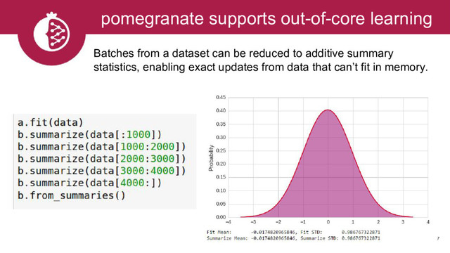 17
pomegranate supports out-of-core learning
Batches from a dataset can be reduced to additive summary
statistics, enabling exact updates from data that can’t fit in memory.
