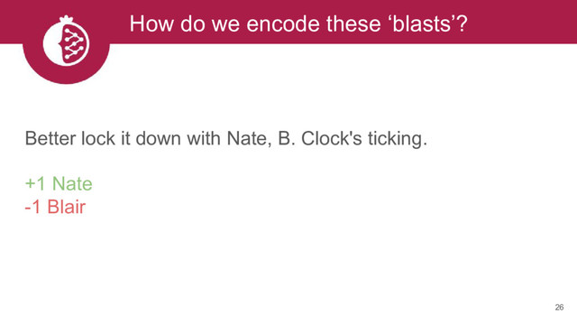 26
How do we encode these ‘blasts’?
Better lock it down with Nate, B. Clock's ticking.
+1 Nate
-1 Blair
