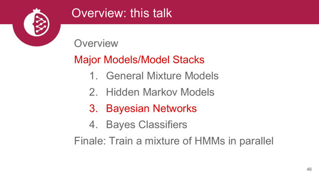 Overview: this talk
46
Overview
Major Models/Model Stacks
1. General Mixture Models
2. Hidden Markov Models
3. Bayesian Networks
4. Bayes Classifiers
Finale: Train a mixture of HMMs in parallel
